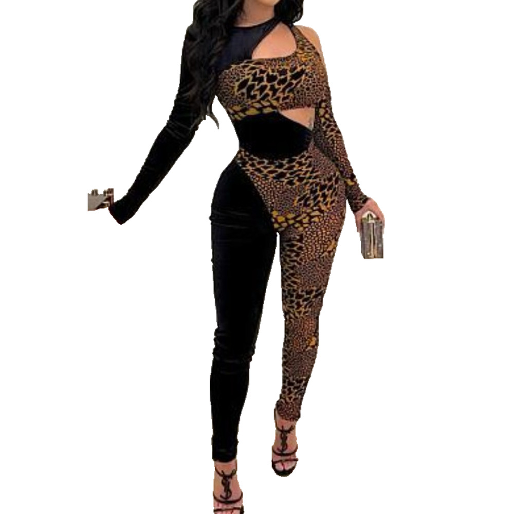 Kimcine Curve Womens Sexy Jumpsuit Bodysuit Black Tan Leopard Animal Print Tight